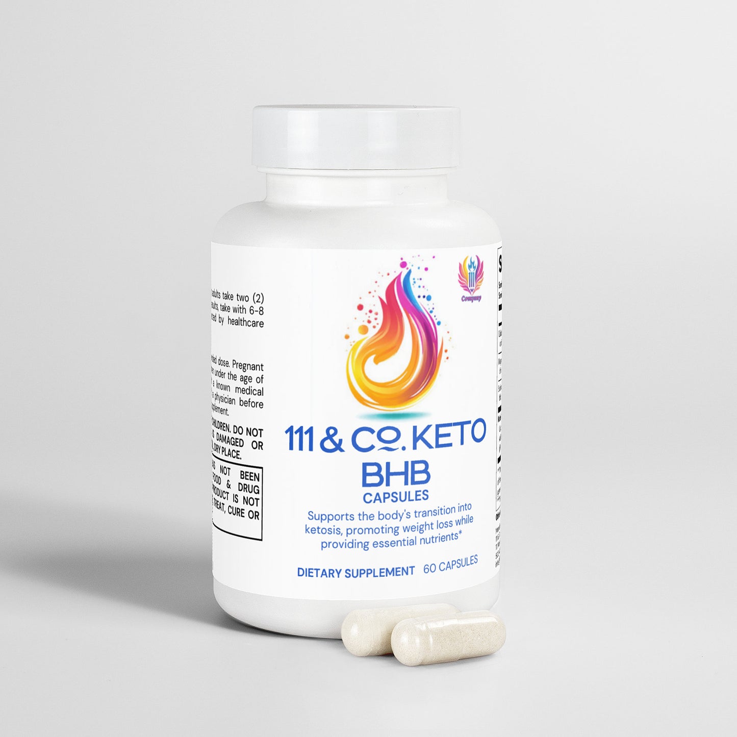 A white bottle labeled 111 & COMPANY KETO BHB by Retro Fitness Supplements features a colorful flame logo. It contains 60 keto supplement capsules designed to support ketosis, with two capsules in front against a plain white background, showcasing the effectiveness of BHB salts.