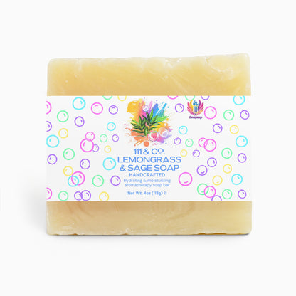 This square bar of lemongrass and sage soap is ideal for sensitive skin, wrapped in decorative paper with colorful circles and the text: 111 & COMPANY Lemongrass & Sage Soap, handcrafted with organic oils—hydrating & moisturizing aromatherapy soap bar, Net Wt. 4oz (113g). A small plant logo is visible. Brand: Retro Fitness Supplements.