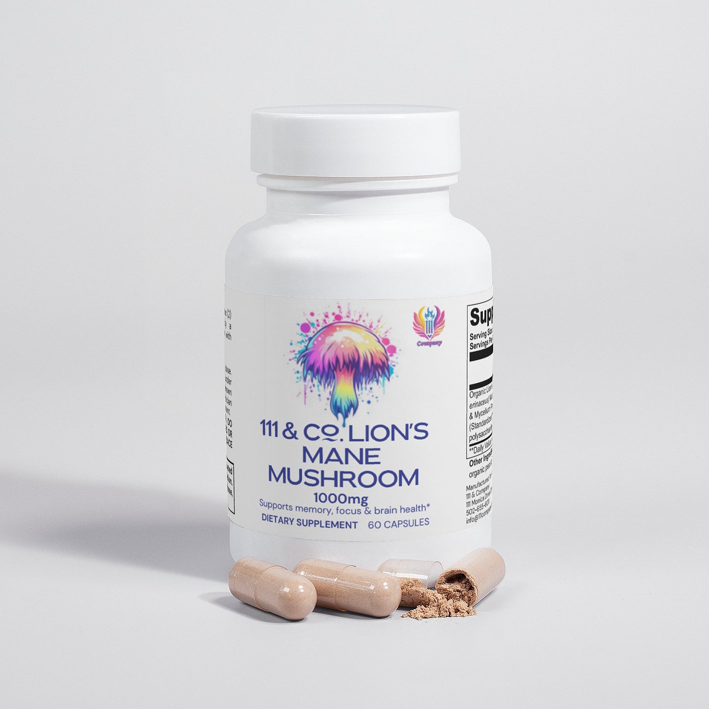 A bottle of 111 & COMPANY LIONS MANE MUSHROOM 1000 MG CAPSULES by Retro Fitness Supplements is displayed against a gray background. The label features a colorful mushroom and text for 1000mg, 60 capsules. Two open capsules lie in front, spilling powder known for neuroprotective effects.