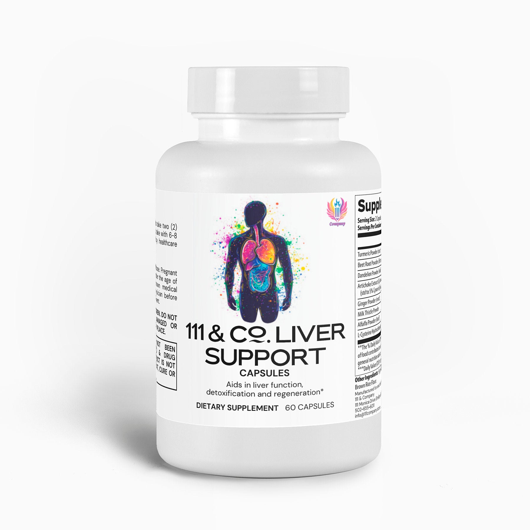 A white bottle of 111 & COMPANY LIVER SUPPORT CAPSULES by Retro Fitness Supplements is shown, featuring a colorful liver graphic. The label reads: Aids in liver function, detoxification, and regeneration, highlighting natural ingredients. The bottle contains 60 capsules.