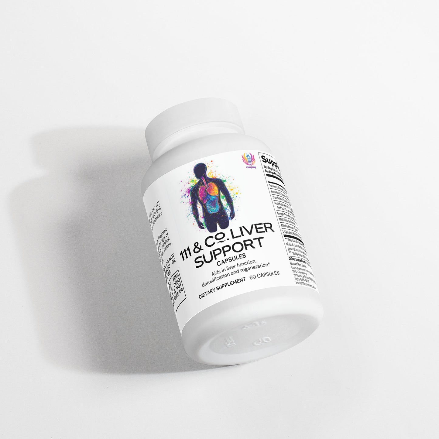 A bottle labeled 111 & COMPANY LIVER SUPPORT CAPSULES from Retro Fitness Supplements features a silhouette and colorful internal illustrations highlighting natural detox ingredients. It is noted for dietary supplementation with 60 capsules, positioned at an angle against a light background.