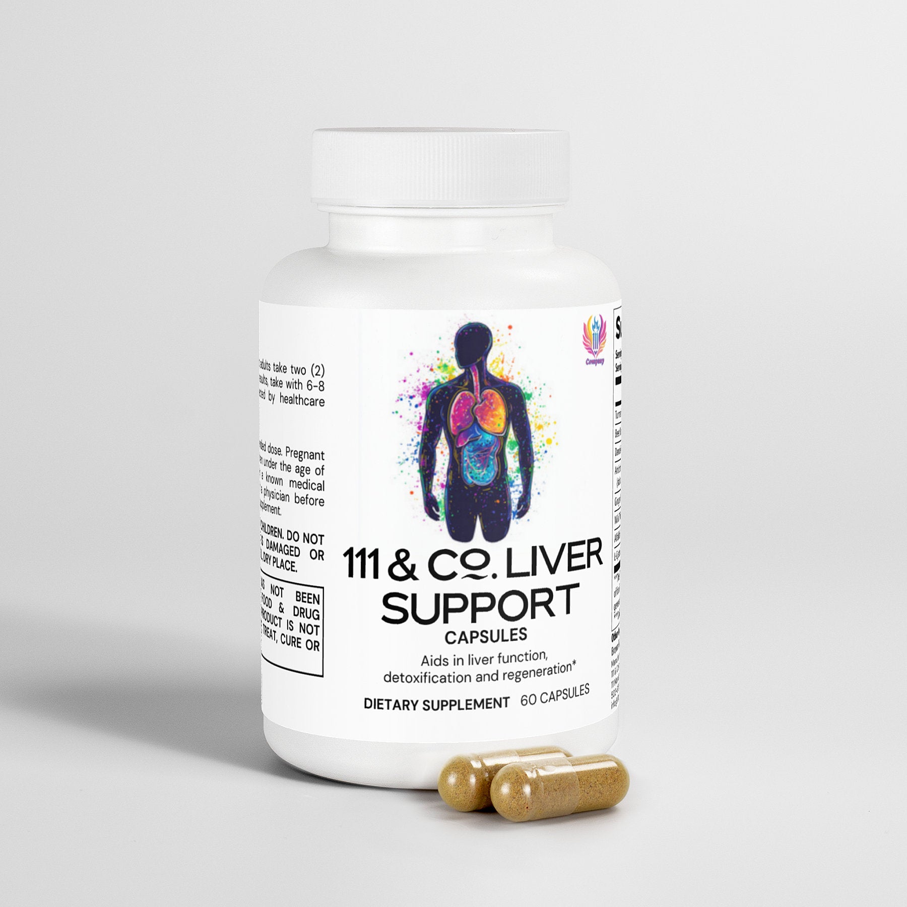 A bottle of 111 & Company Liver Support capsules by Retro Fitness Supplements is set against a gray backdrop. The label features an abstract silhouette highlighting detox benefits and natural ingredients, with two beige capsules positioned in front.