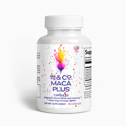 A white bottle of 111 & COMPANY MACA PLUS CAPSULES from Retro Fitness Supplements stands against a plain background. The label displays a colorful splash with a purple abstract design, highlighting benefits like Supports natural libido and stamina, Energy enhancement, and dosage details for this Maca supplement.