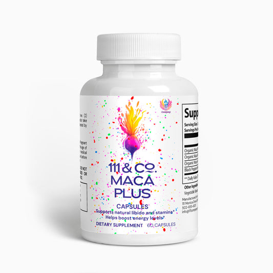 A white bottle of 111 & COMPANY MACA PLUS CAPSULES from Retro Fitness Supplements stands against a plain background. The label displays a colorful splash with a purple abstract design, highlighting benefits like Supports natural libido and stamina, Energy enhancement, and dosage details for this Maca supplement.