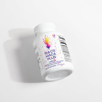 A bottle of Retro Fitness Supplements 111 & COMPANY MACA PLUS CAPSULES is showcased on a pristine backdrop. The label features colorful splashes and reads Maca Plus, highlighting its energy enhancement and fertility support benefits, with details, a barcode, and 60 capsules included.