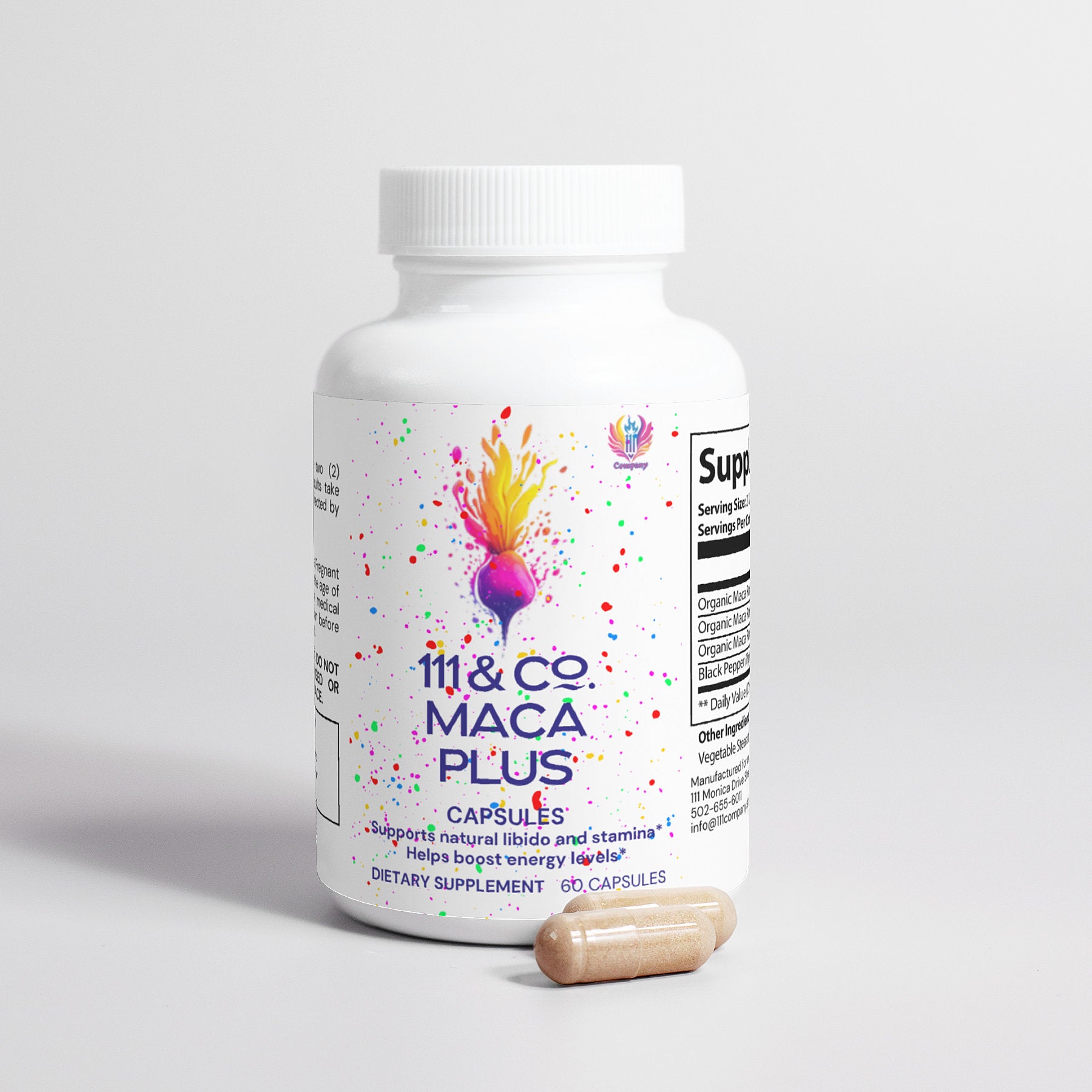 The 111 & COMPANY MACA PLUS CAPSULES bottle by Retro Fitness Supplements, adorned with colorful splashes and a maca root illustration, claims to boost natural libido, stamina, and energy. It contains 60 white capsules; two beige ones are placed in front on a plain white background.