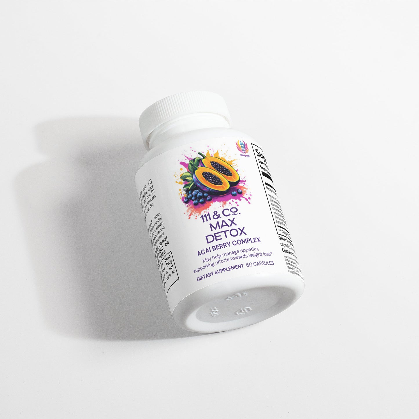 The product displayed is a white bottle of 111 & COMPANY MAX DETOX (ACAI DETOX) CAPSULES by Retro Fitness Supplements. Set against a neutral backdrop, it features colorful fruit graphics and contains 60 capsules. The label has a barcode and various details.