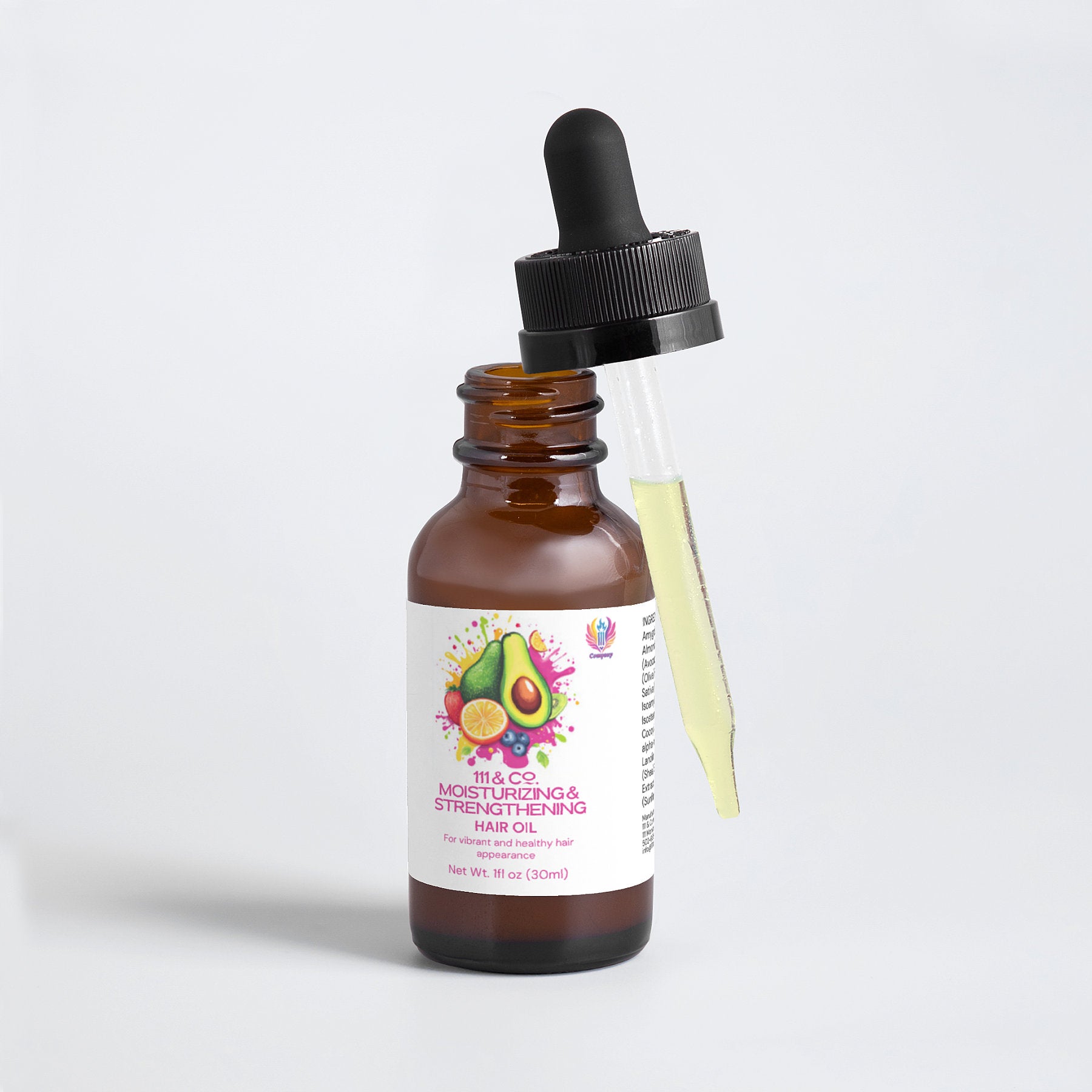 The 111 & COMPANY MOISTURIZING AND STRENGTHENING HAIR OIL by Retro Fitness Supplements is in an amber glass bottle with an avocado graphic. With the dropper lid off, it reveals yellow oil infused with natural hair ingredients and holds 1 fluid ounce (30 ml), set against a plain white background.