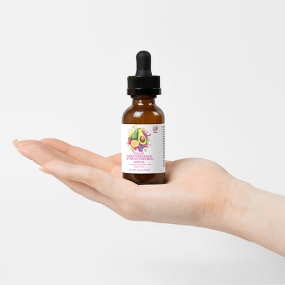 A hand holds a small amber dropper bottle with a white label, featuring an avocado illustration and reading 111 & COMPANY MOISTURIZING AND STRENGTHENING HAIR OIL by Retro Fitness Supplements. This nourishing hair oil shines against the plain white background.