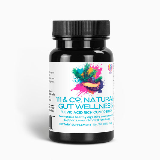 The 111 & COMPANY GUT WELLNESS POWDER from Retro Fitness Supplements features vibrant abstract designs and a circular logo. It has a fulvic acid-rich formula to support digestive health, nurture the gut microbiome, and promote optimal bowel functions. Net weight: 0.11 lb (50g).