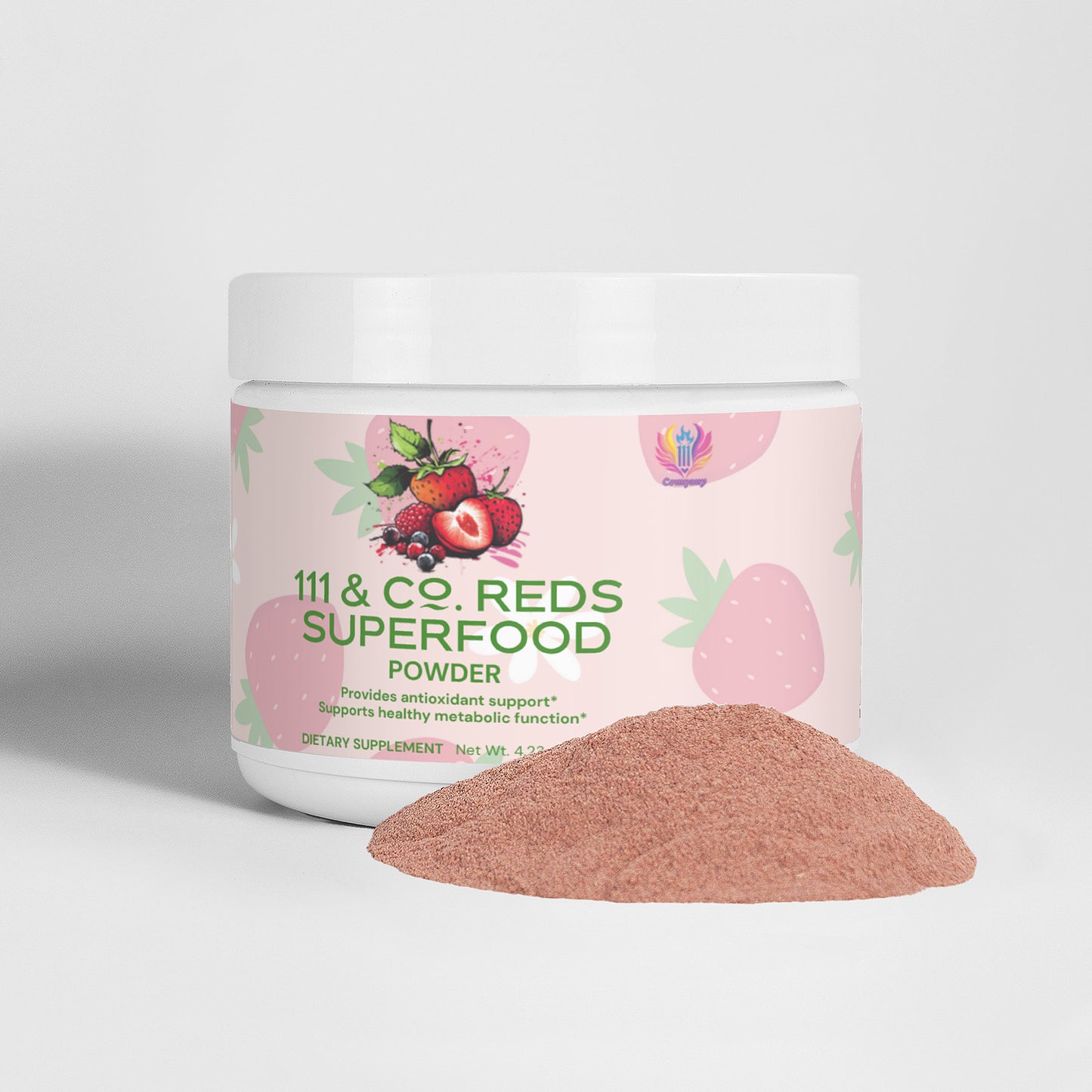 A 111 & COMPANY REDS SUPERFOOD container from Retro Fitness Supplements is set against a neutral background, featuring strawberry and berry illustrations highlighting nutrients and antioxidants. In front, a pile of the reddish-brown powder supplement is displayed.