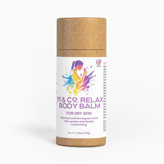 The 111 & Company Relax Body Balm by Retro Fitness Supplements is a non-greasy moisturizer for dry skin. It comes in a cylindrical container with an abstract design and weighs 2.5 oz (70 g). Infused with natural plant extracts, it provides deep hydration with patchouli and lemongrass scents.