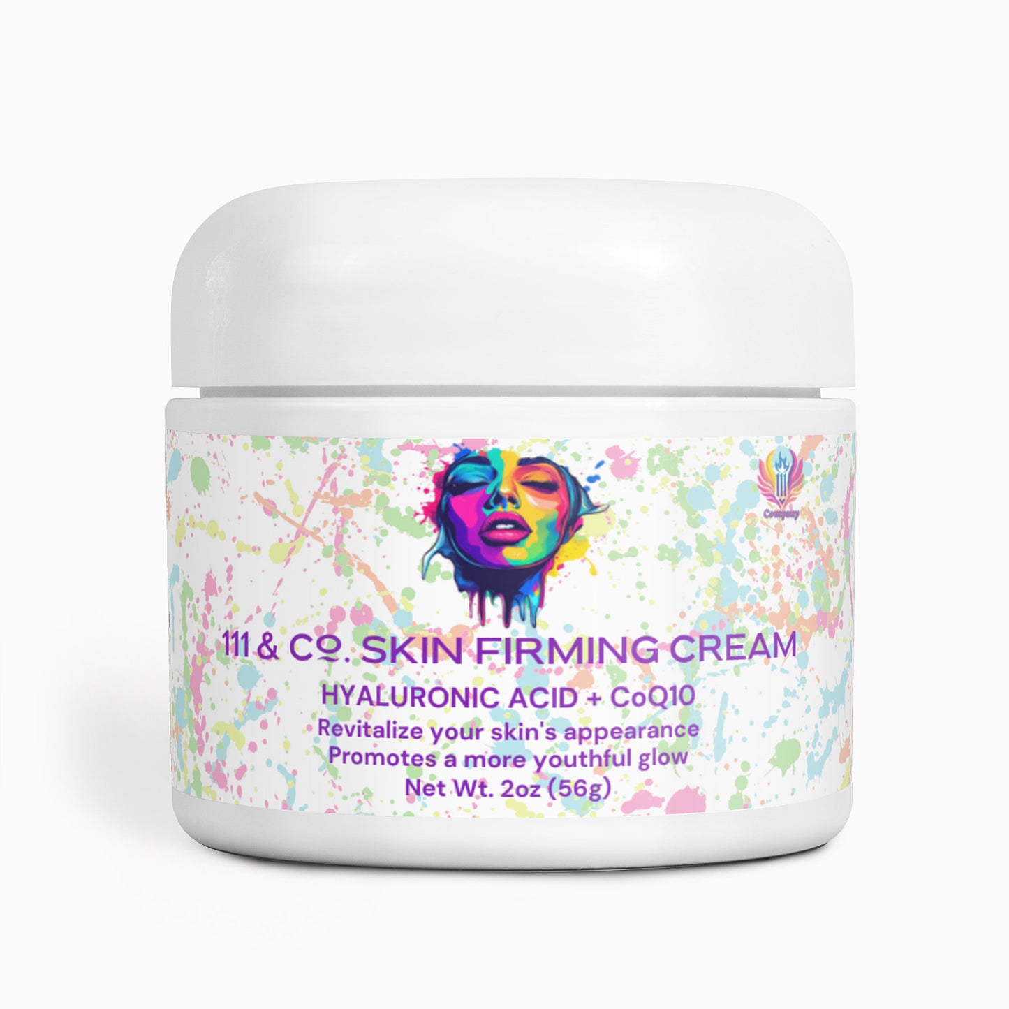 The 111 & Company Skin Firming Cream from Retro Fitness Supplements is a white jar adorned with colorful splash art featuring a vibrant womans face. With Hyaluronic Acid, CoQ10, and DMAE, it revitalizes skin for a youthful glow. The jar holds 2 oz (56g) of this rejuvenating cream.