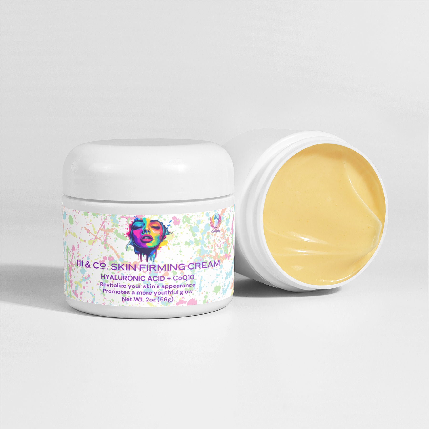 A white jar of 111 & COMPANY SKIN FIRMING CREAM by Retro Fitness Supplements sits open, revealing a creamy yellow mix with Hyaluronic Acid and DMAE. The label, with colorful artwork of a womans face, highlights Hyaluronic Acid + CoQ10. The jar contains 2 oz (56g) of cream.