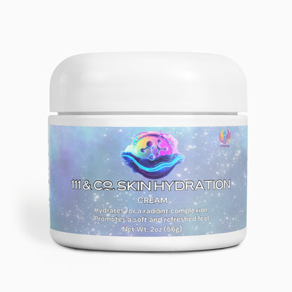 A white jar of 111 & Company Skin Hydration Cream by Retro Fitness Supplements features a cosmic logo with hands holding a water droplet, promising hydration for radiance and skin elasticity. Infused with hyaluronic acid, it weighs 2 oz (56g).