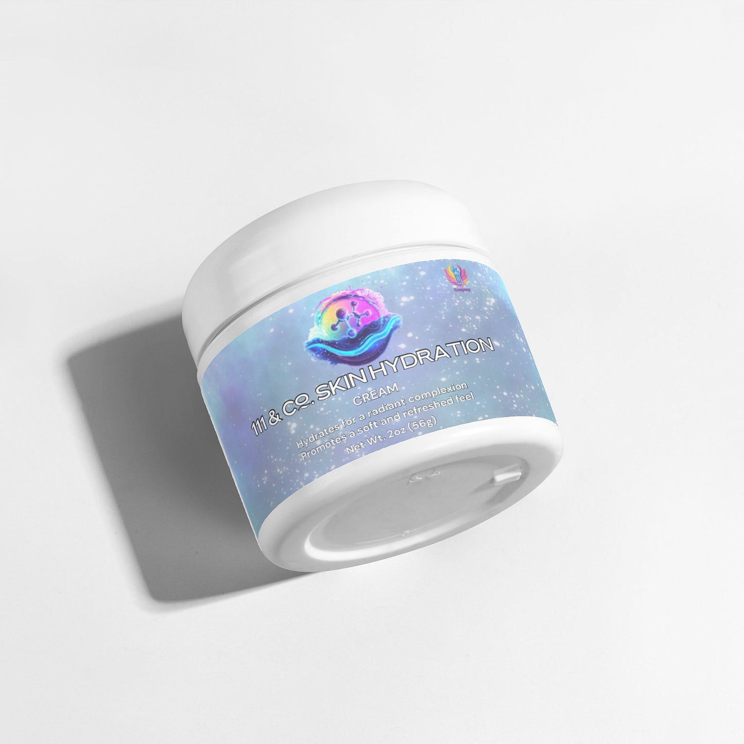 A white jar labeled 111 & COMPANY Skin Hydration Cream by Retro Fitness Supplements, adorned with a rainbow-hued planet icon, sits casting a soft shadow on a light surface. Featuring hyaluronic acid, it promises enhanced skin elasticity.