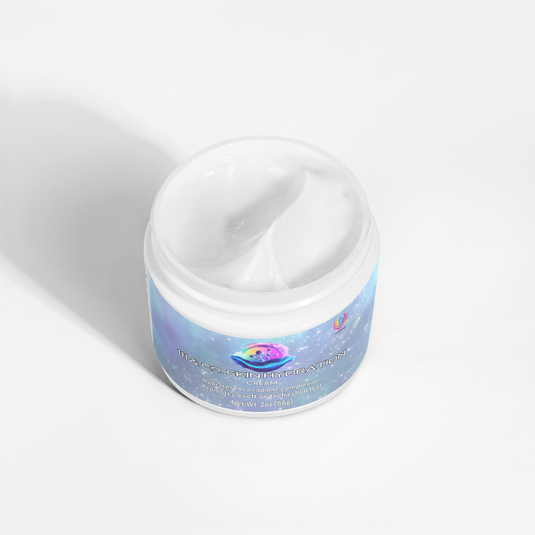 Open jar of 111 & COMPANY SKIN HYDRATION CREAM by Retro Fitness Supplements on a bright surface. The round jar has a blue label with a colorful logo. The hyaluronic acid-infused cream is smooth and glossy, filling the jar, with shadows visible beneath it.