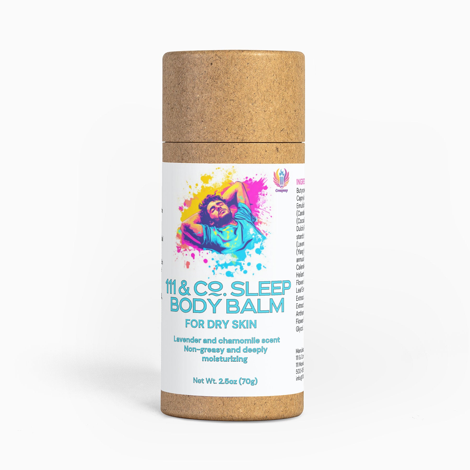 Retro Fitness Supplements 111 & COMPANY SLEEP BODY BALM comes in a 2.5 oz (70g) cardboard tube with a colorful abstract design, featuring lavender and chamomile scents. The balm offers deep moisturization for dry skin with an eco-friendly, non-greasy formula.