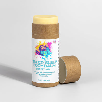 A 2.5oz (70g) cardboard tube of 111 & COMPANY SLEEP BODY BALM by Retro Fitness Supplements with the lid off and leaning against it. The label has a colorful illustration of a relaxed person and describes it as an eco-friendly, lavender and chamomile scented, non-greasy moisturizer for dry skin.