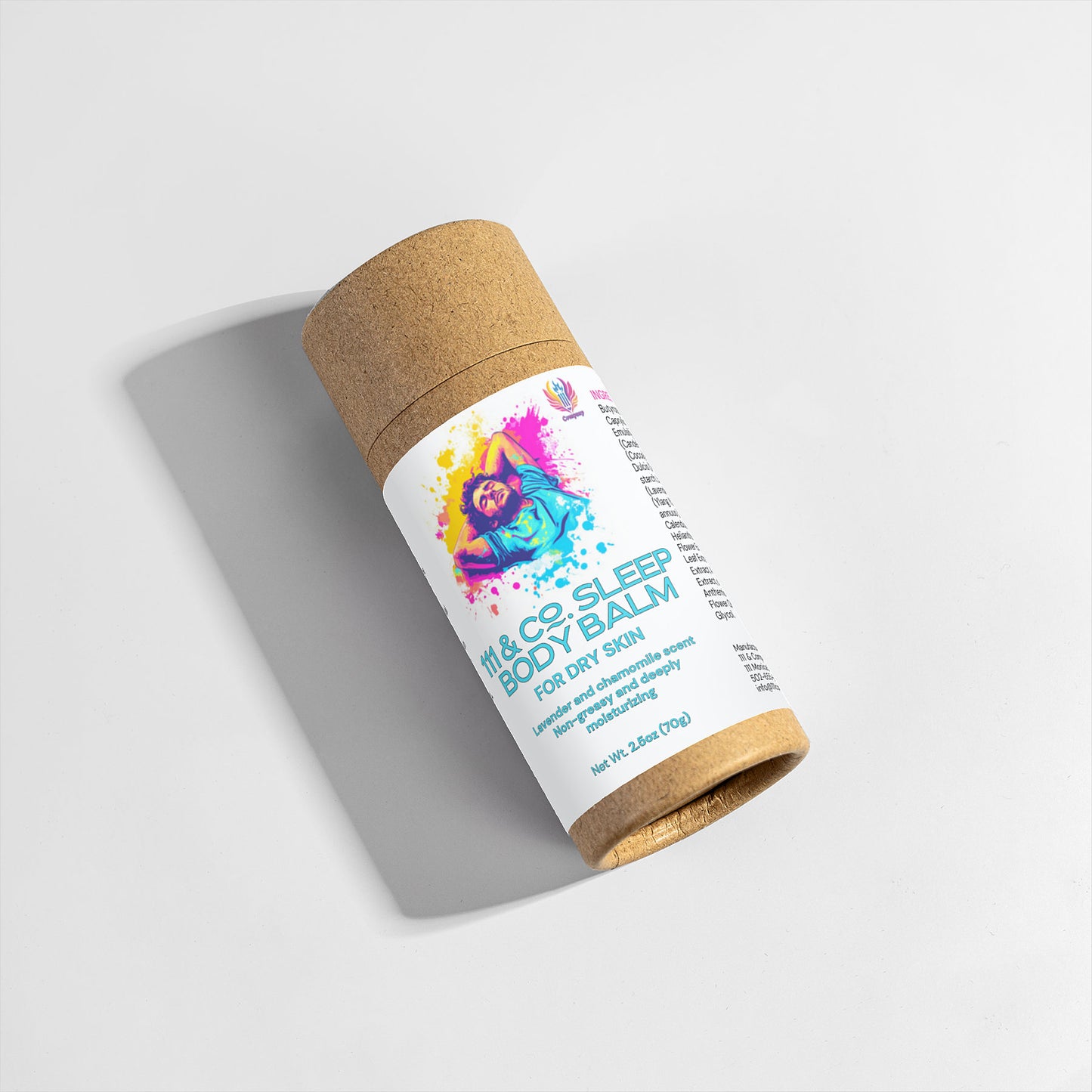 The 111 & COMPANY SLEEP BODY BALM from Retro Fitness Supplements rests on a light surface, casting a shadow. This eco-friendly cylindrical tube has a colorful label of pink, blue, and yellow. The 2.5 oz moisturizing balm is infused with chamomile and lavender to gently treat dry skin.