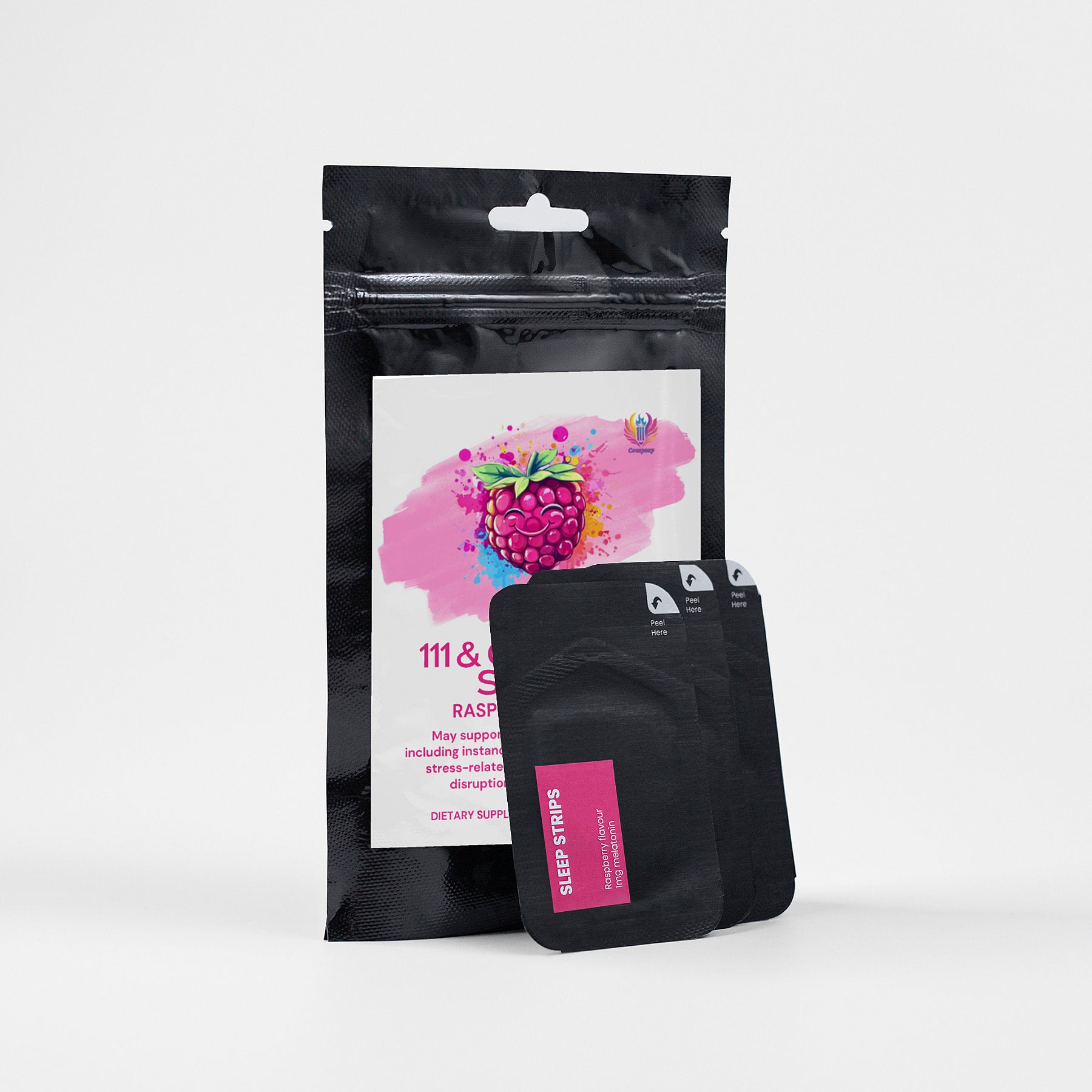 A sleek black packet labeled 111 & COMPANY Sleep Strips Bag from Retro Fitness Supplements features a colorful raspberry label and hook hole. It includes three SLEEP STRIPS, a non-addictive aid for better sleep quality.