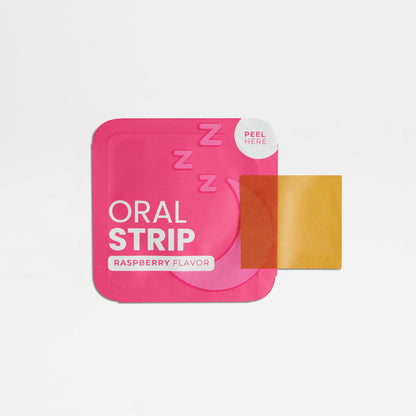 The 111 & COMPANY SLEEP STRIPS TO GO by Retro Fitness Supplements features a pink packet labeled Oral Strip, Raspberry Flavor, with a corner peeled back to show an orange sleep strip. It has three Z symbols and a Peel Here instruction for this non-addictive sleeping aid enhancing sleep quality. The background is plain white.