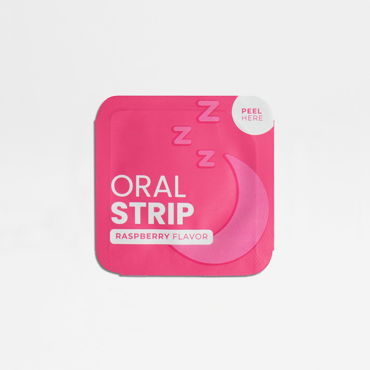 The product, 111 & COMPANY SLEEP STRIPS TO GO by Retro Fitness Supplements, is a bright pink square packet with ORAL STRIP and Raspberry Flavor noted. A crescent moon and Zs suggest its a non-addictive sleep aid. Theres a Peel Here tab in the top right corner with a minimalist sleep theme.
.