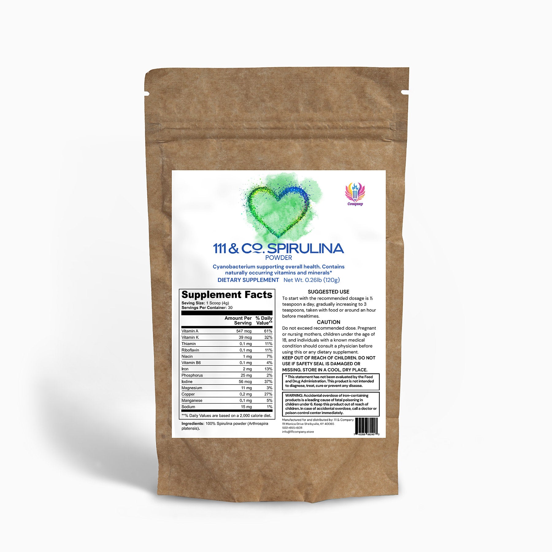 The brown kraft paper pouch for Retro Fitness Supplements 111 & COMPANY SPIRULINA POWDER displays nutritional details and usage instructions. Featuring a green and blue heart logo with colorful abstract designs, it claims Dietary Supplement as a nutrient-rich choice in an 8.82 oz (250g) package.