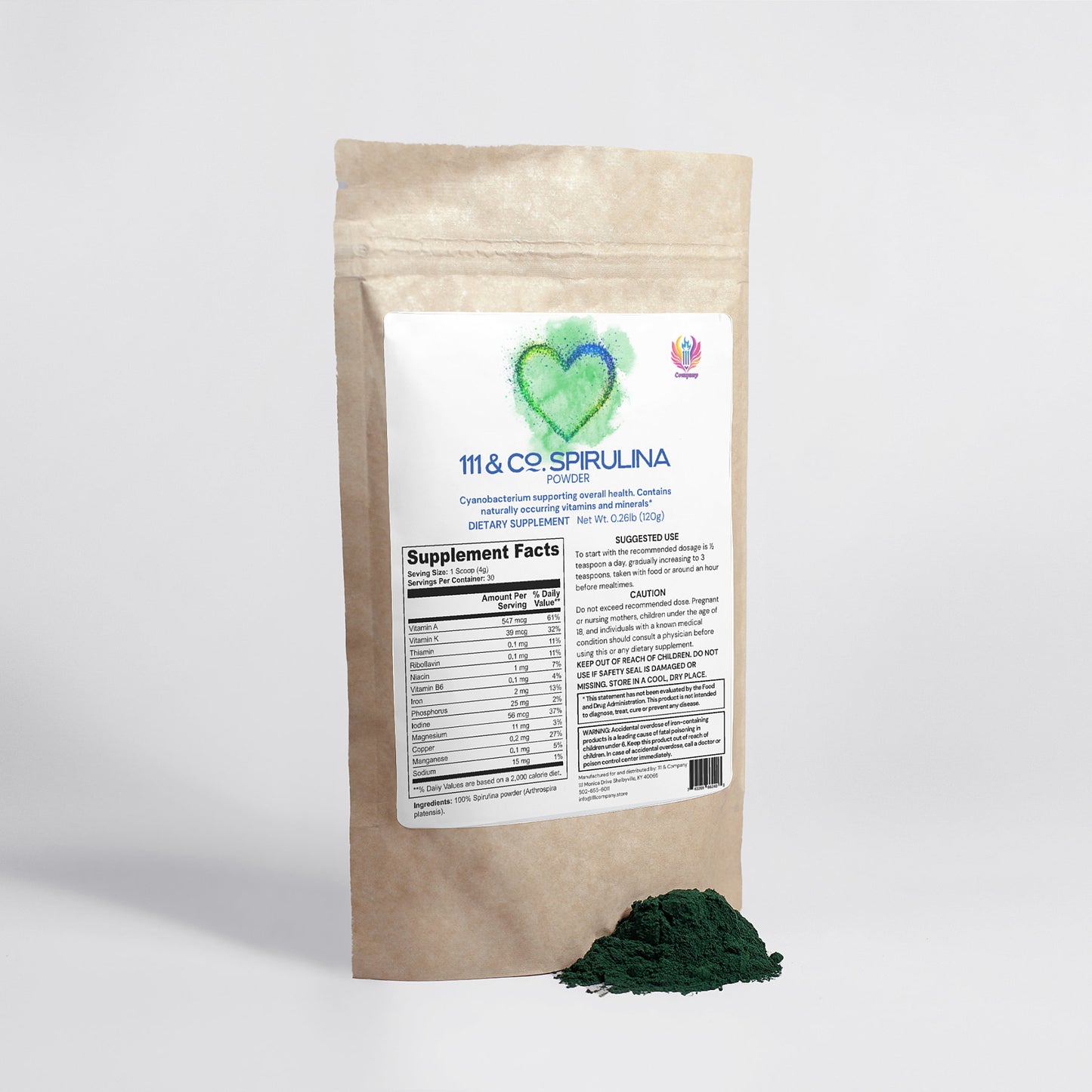 A brown paper bag of nutrient-rich 111 & COMPANY SPIRULINA POWDER by Retro Fitness Supplements features a white label with blue and green text, a heart logo, and nutritional info. Vibrant green spirulina powder is scattered on the white surface, set against a neutral gray background.