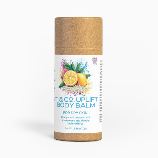 A cylindrical cardboard tube marked 111 & COMPANY UPLIFT BODY BALM from Retro Fitness Supplements is shown, featuring an eco-friendly design with orange and lemon images. It offers a refreshing citrus scent, non-greasy, moisturizing properties, and weighs 2.5 oz (70g).