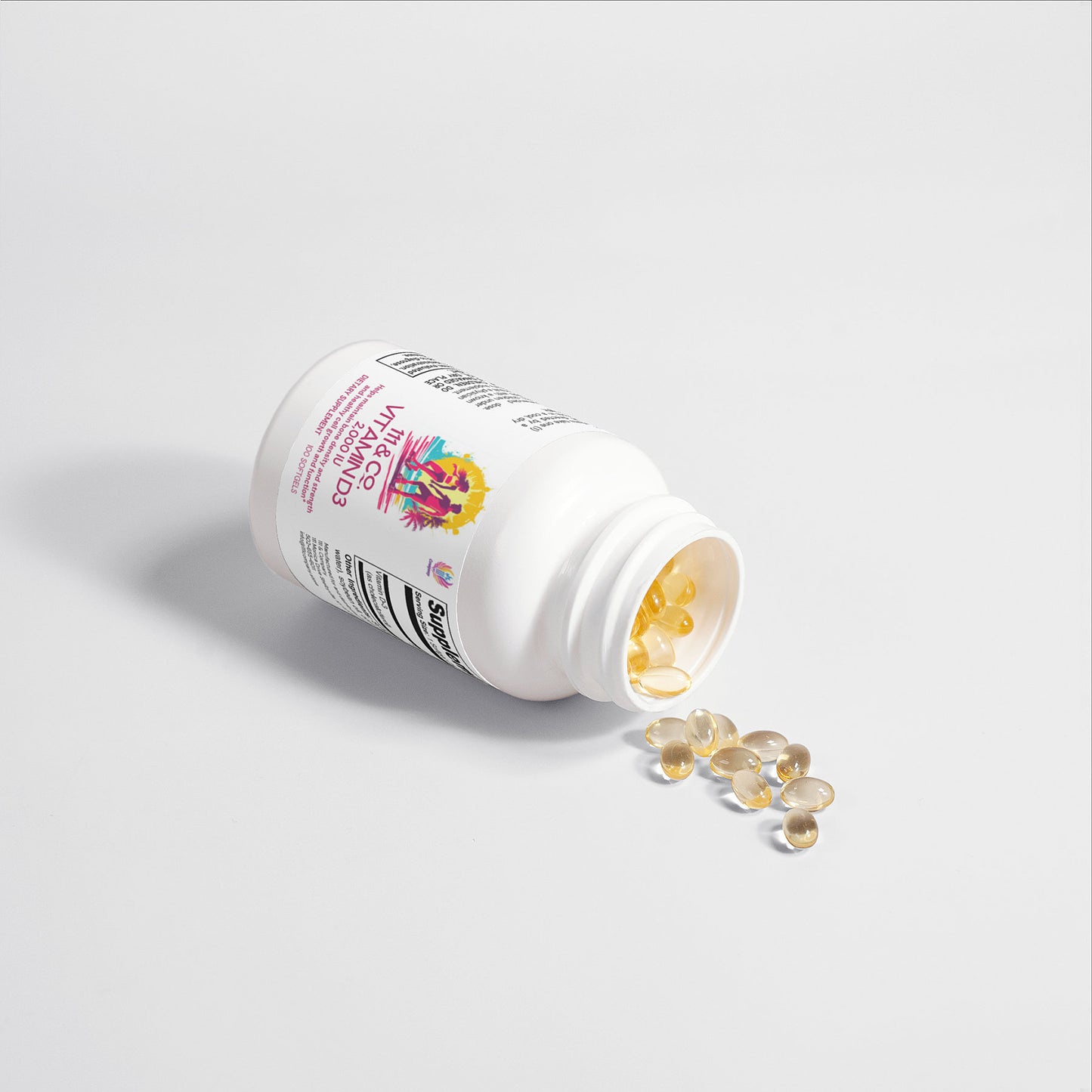 A white bottle of Retro Fitness Supplements 111 & COMPANY VITAMIN D3 2,000 IU rests on its side against a plain background. The label, partially visible, features colorful graphics highlighting bone health. Transparent oval gel capsules are spilled out, reflecting light softly and boosting energy levels.