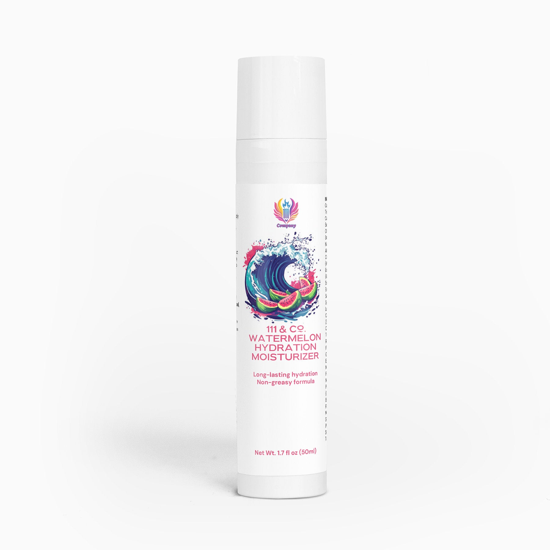 The cylindrical white bottle features a colorful label with a wave and fruit design. It reads 111 & COMPANY WATERMELON HYDRATION MOISTURIZER by Retro Fitness Supplements, offering long-lasting hydration from its hydrating trio, including Niacinamide, in a non-greasy formula. Capacity: 1.7 fl. oz. (50ml).