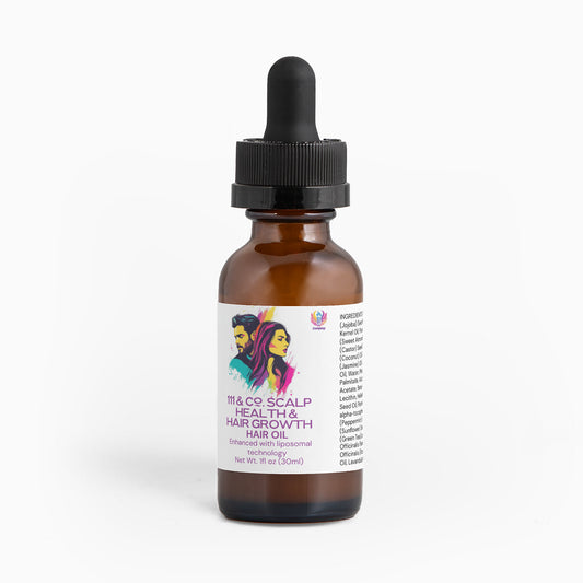 A brown glass dropper bottle with a label featuring colorful illustrations of a man and woman with vibrant hairstyles, highlighting 111 & Companys Hair Oil for Scalp Health and Hair Growth, formulated with natural oils and Liposomal Technology. Net Wt. 1 fl oz (30 ml).