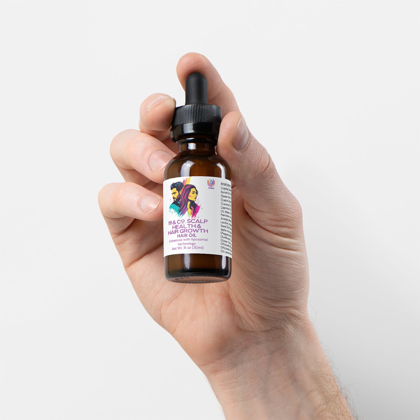 A hand holds a brown dropper bottle labeled 111 & COMPANY HAIR OIL FOR SCALP HEALTH AND HAIR GROWTH, showcasing its scalp health benefits. The 1 fl. oz (30 ml) bottle features a black cap and dropper, ideal for applying natural oils.