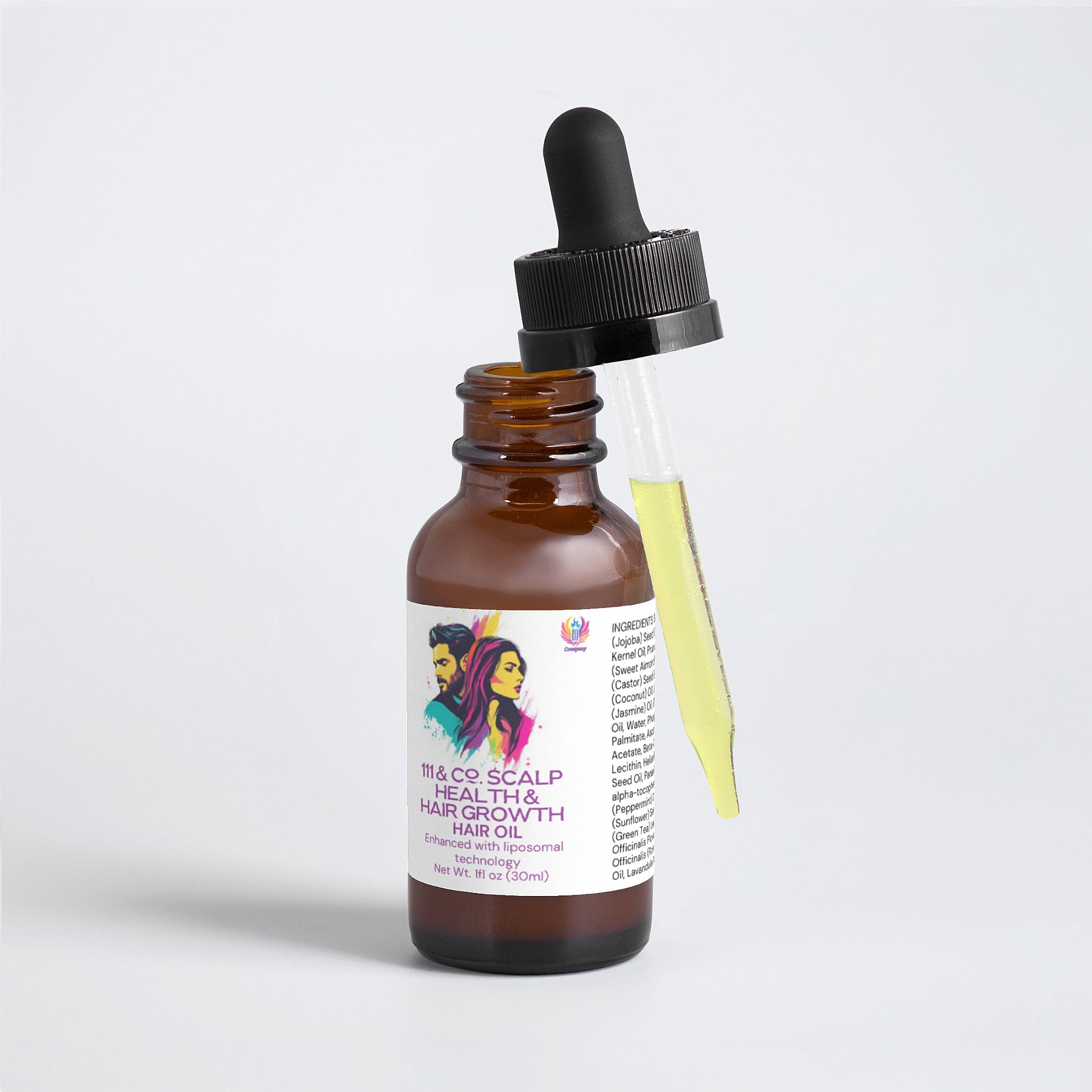 A small brown bottle labeled 111 & COMPANY HAIR OIL FOR SCALP HEALTH AND HAIR GROWTH features a colorful graphic of two women. The open dropper cap reveals yellow oil in the pipette, showcasing natural oils. Text on the label details ingredients and usage, set against a plain light background.