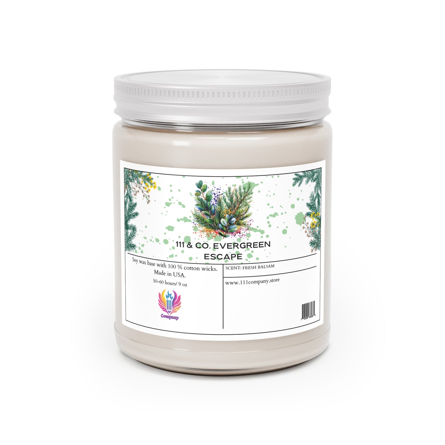 The 111 & Company Evergreen Escape candle by Printify features a white jar with green foliage, yellow flowers, pine cones, and a small red and purple logo. It boasts a soy wax blend, 100% cotton wicks, eucalyptus scent, 50-60 hour burn time, and is made in the USA.