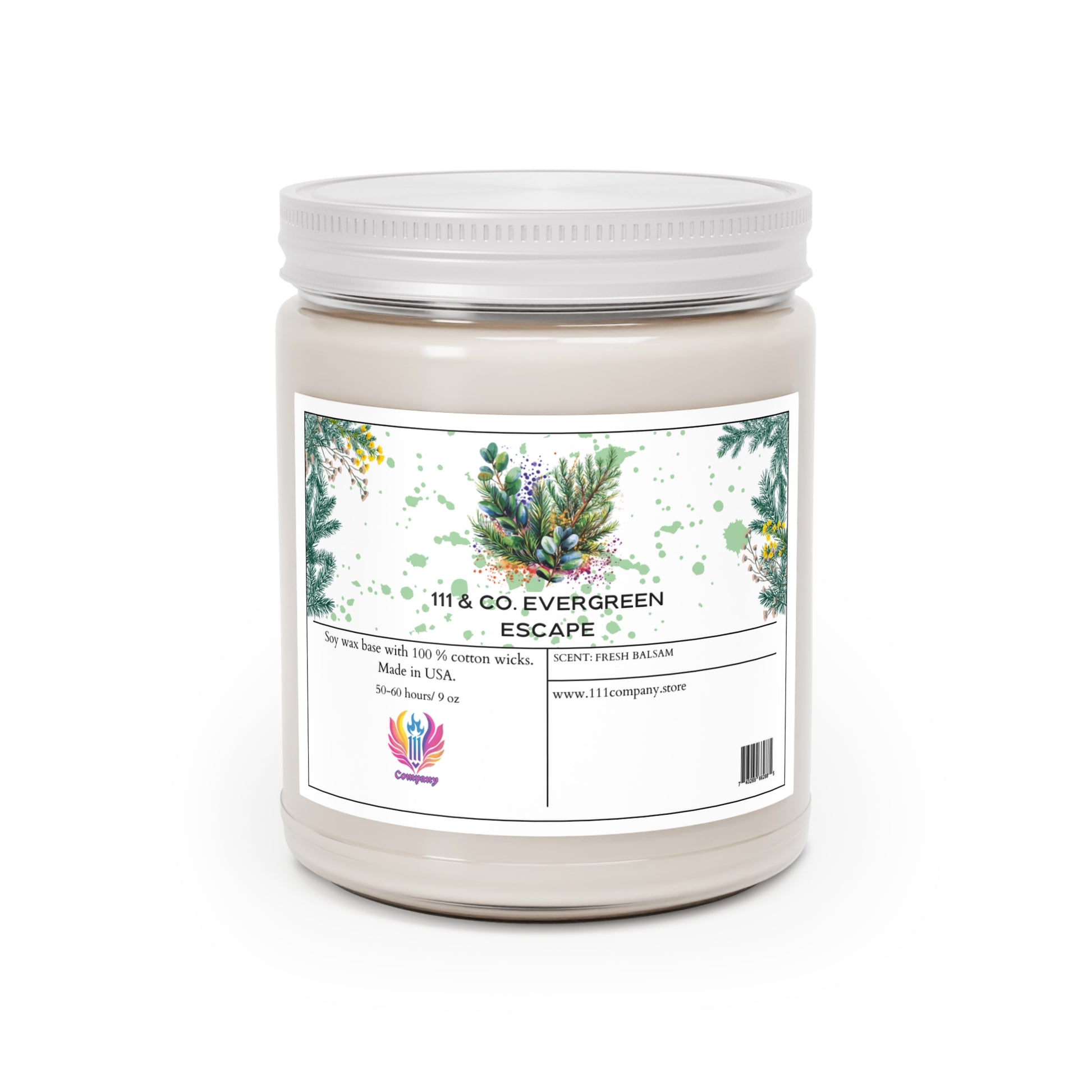 The 111 & Company Evergreen Escape candle by Printify features a white jar with green foliage, yellow flowers, pine cones, and a small red and purple logo. It boasts a soy wax blend, 100% cotton wicks, eucalyptus scent, 50-60 hour burn time, and is made in the USA.