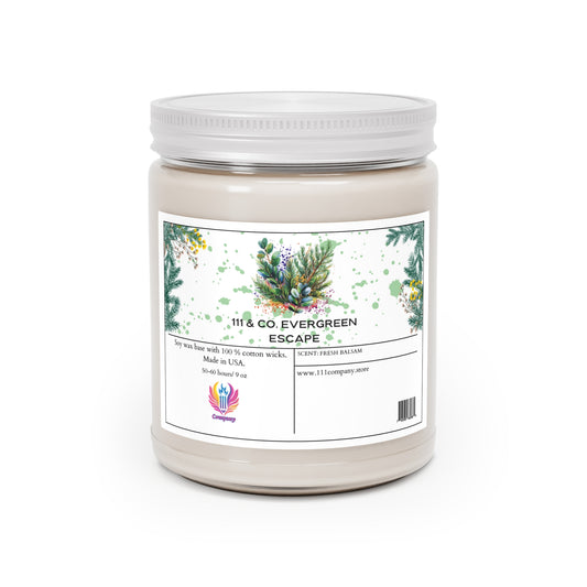 The 111 & Company Evergreen Escape candle by Printify features a white jar with green foliage, yellow flowers, pine cones, and a small red and purple logo. It boasts a soy wax blend, 100% cotton wicks, eucalyptus scent, 50-60 hour burn time, and is made in the USA.