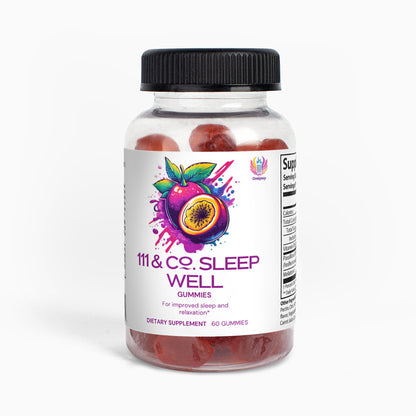A clear bottle with a black cap holds 60 red 111 & Company Sleep Well Gummies (Adult). The label shows purple and yellow passionfruit art and promotes improved REM sleep and relaxation.