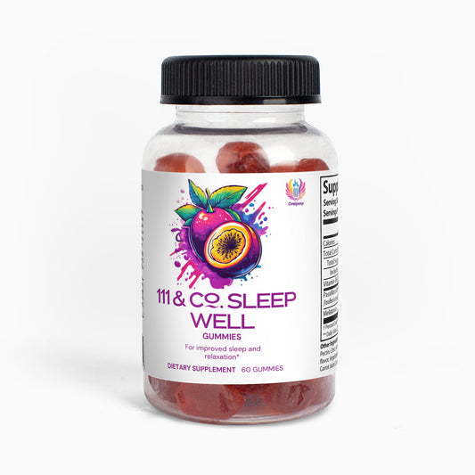 A clear bottle with a black cap holds 60 red 111 & Company Sleep Well Gummies (Adult). The label shows purple and yellow passionfruit art and promotes improved REM sleep and relaxation.