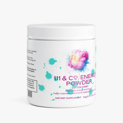 A white plastic container of 111 & COMPANY ENERGY POWDER (COTTON CANDY) by 111 & Company features a cotton candy graphic. This sugar-free powder supports energy, focus, and electrolyte balance. Net weight: 0.3 lb (136g).
