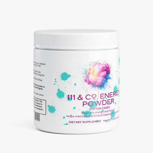 A white plastic container of 111 & COMPANY ENERGY POWDER (COTTON CANDY) by 111 & Company features a cotton candy graphic. This sugar-free powder supports energy, focus, and electrolyte balance. Net weight: 0.3 lb (136g).