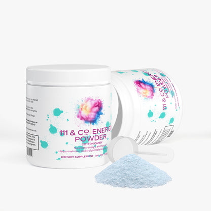 Two white containers of 111 & Company Energy Powder (Cotton Candy) are displayed, one upright and one on its side, with a clear scoop of light blue powder in front. The label has colorful splashes and highlights this sugar-free supplement.