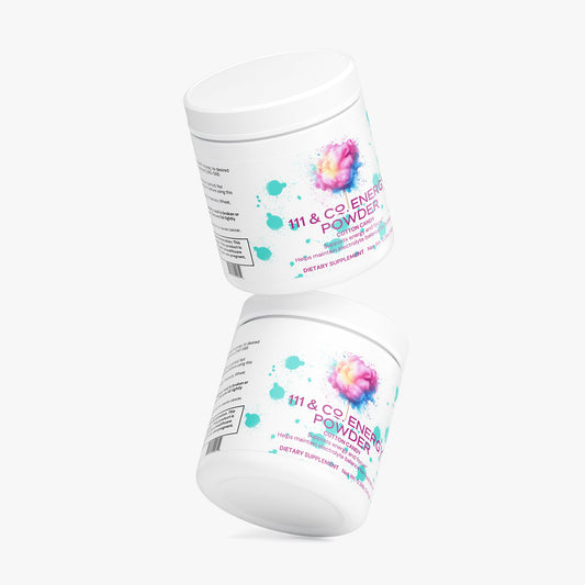 Two white 111 & Company Energy Powder (Cotton Candy) jars with abstract green and pink designs float against a light background. These sugar-free supplements offer sustained energy for your day.