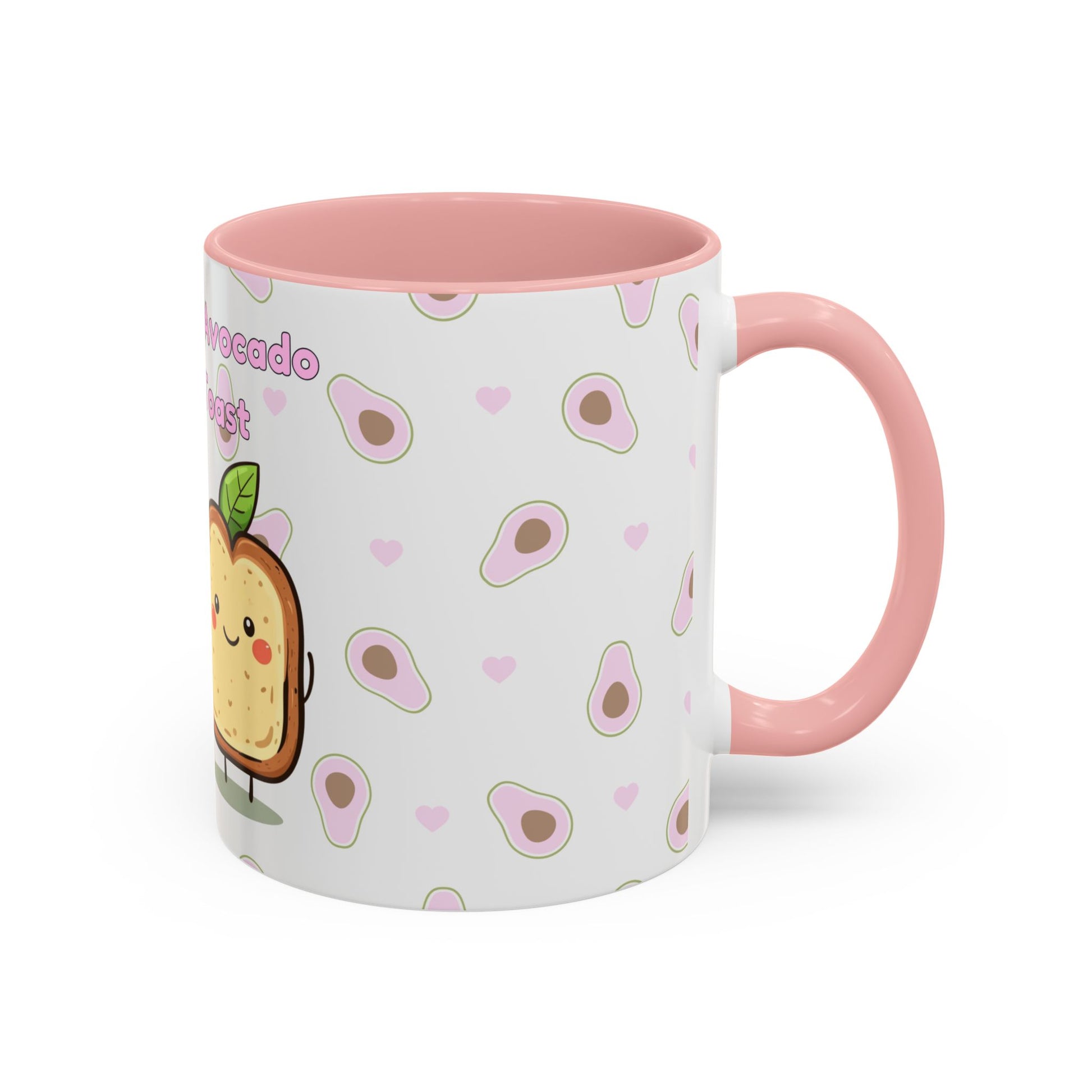 The Printify 111 & COMPANY Valentines Avocado Toast Coffee Mug, 11 oz, features a pink handle and interior with cheerful avocado halves and hearts on a white background. One side displays a lively cartoon slice of avocado toast with a smiling face and arms.