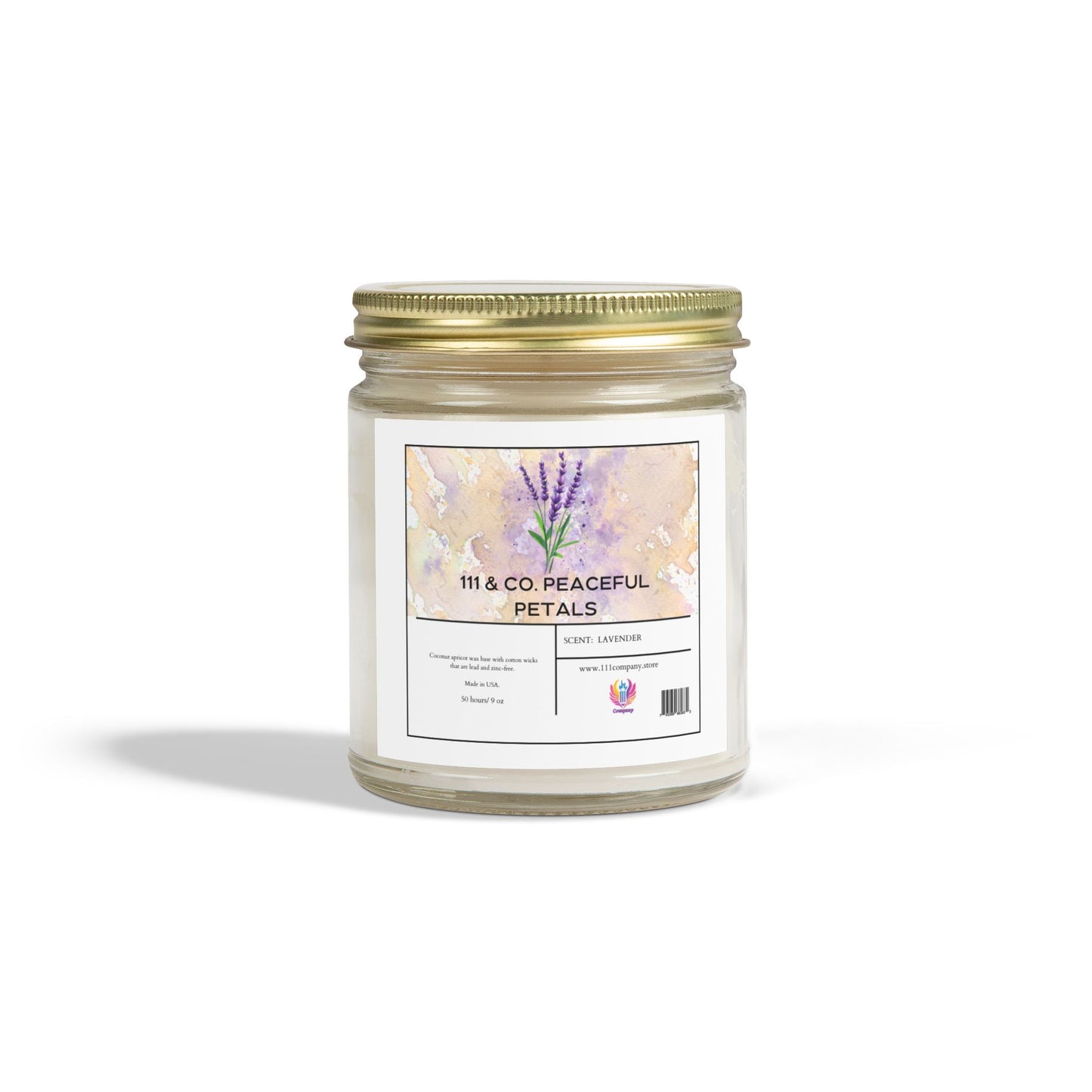 The 111 & COMPANY PEACEFUL PETALS candle by Printify features a lavender scent in a clear glass jar with a gold metal lid and a watercolor lavender sprigs illustration. Made from eco-friendly coconut apricot wax, it offers relaxation in a clean, minimal design with white background.