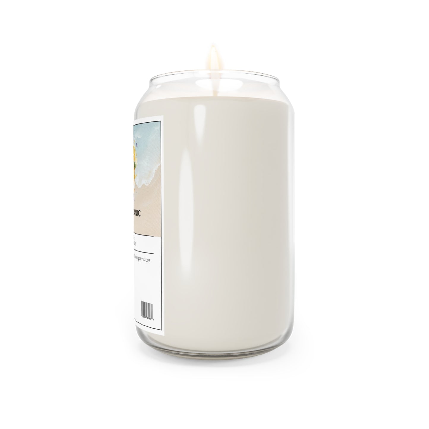 The Printify 111 & Company Oceanic Oasis Sea Breeze Scented Candle, made of soy wax and weighing 13.75 oz, comes in a soda can-shaped transparent jar with a beach-themed label. The candle emits a small flame with subtle citrus wave notes, featuring an ocean wave and sand design along with a visible barcode.