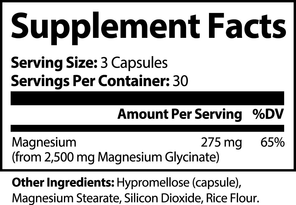 The image shows a supplement facts label for Retro Fitness Supplements 111 & COMPANY MAGNESIUM GLYCINATE CAPSULES. Serving size is 3 capsules with 30 servings per container, offering 275 mg of bioavailable magnesium (65% DV) from 2,500 mg magnesium glycinate. Includes hypromellose, magnesium stearate, silicon dioxide, and rice flour.