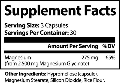 The image shows a supplement facts label for Retro Fitness Supplements 111 & COMPANY MAGNESIUM GLYCINATE CAPSULES. Serving size is 3 capsules with 30 servings per container, offering 275 mg of bioavailable magnesium (65% DV) from 2,500 mg magnesium glycinate. Includes hypromellose, magnesium stearate, silicon dioxide, and rice flour.