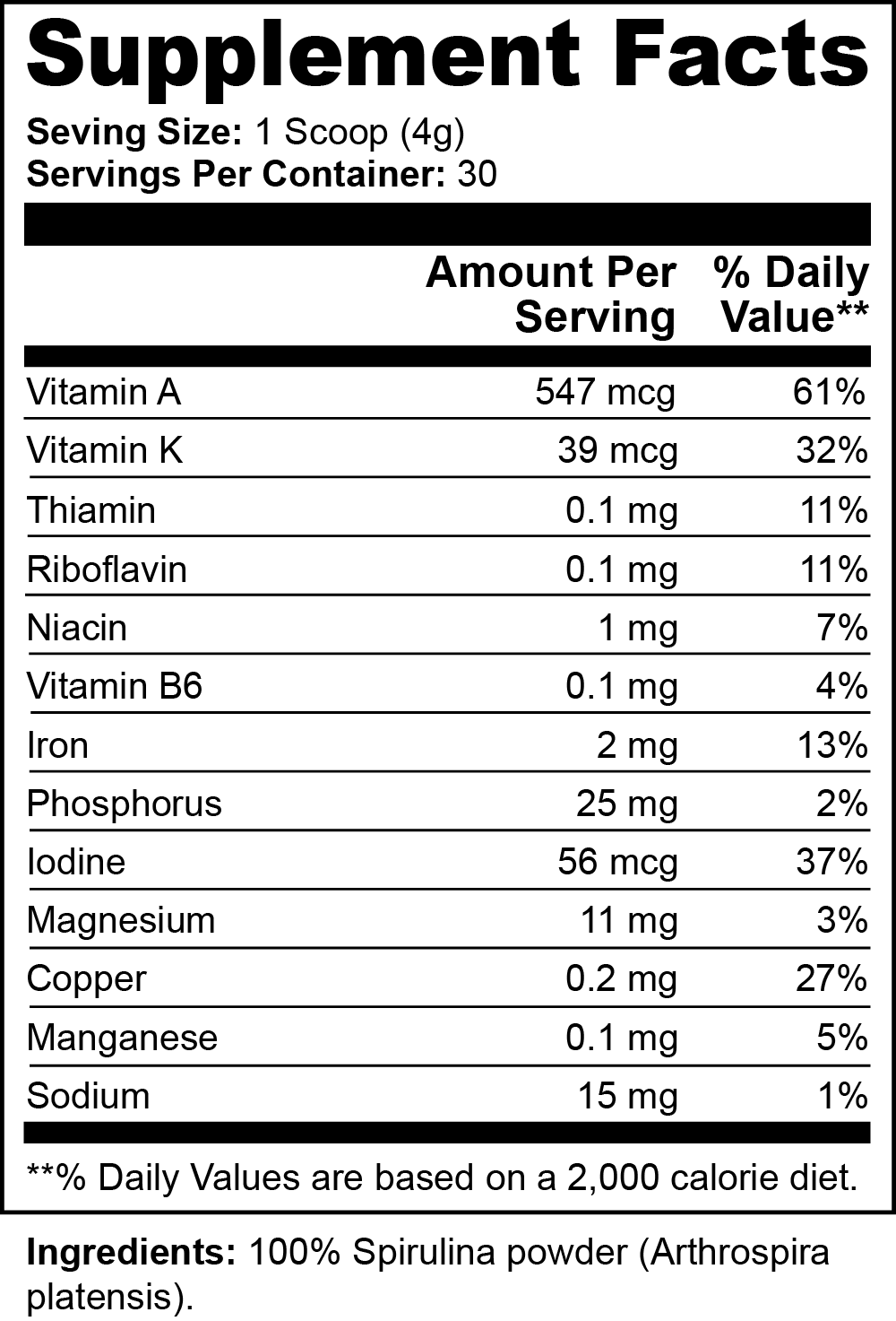 The black-and-white supplement facts label for Retro Fitness Supplements 111 & COMPANY SPIRULINA POWDER details vitamins and minerals per 4g scoop, such as Vitamin A, K, and Thiamin with their daily value percentages. Its a health supplement made of 100% Spirulina (Arthrospira platensis) with 30 servings per container.